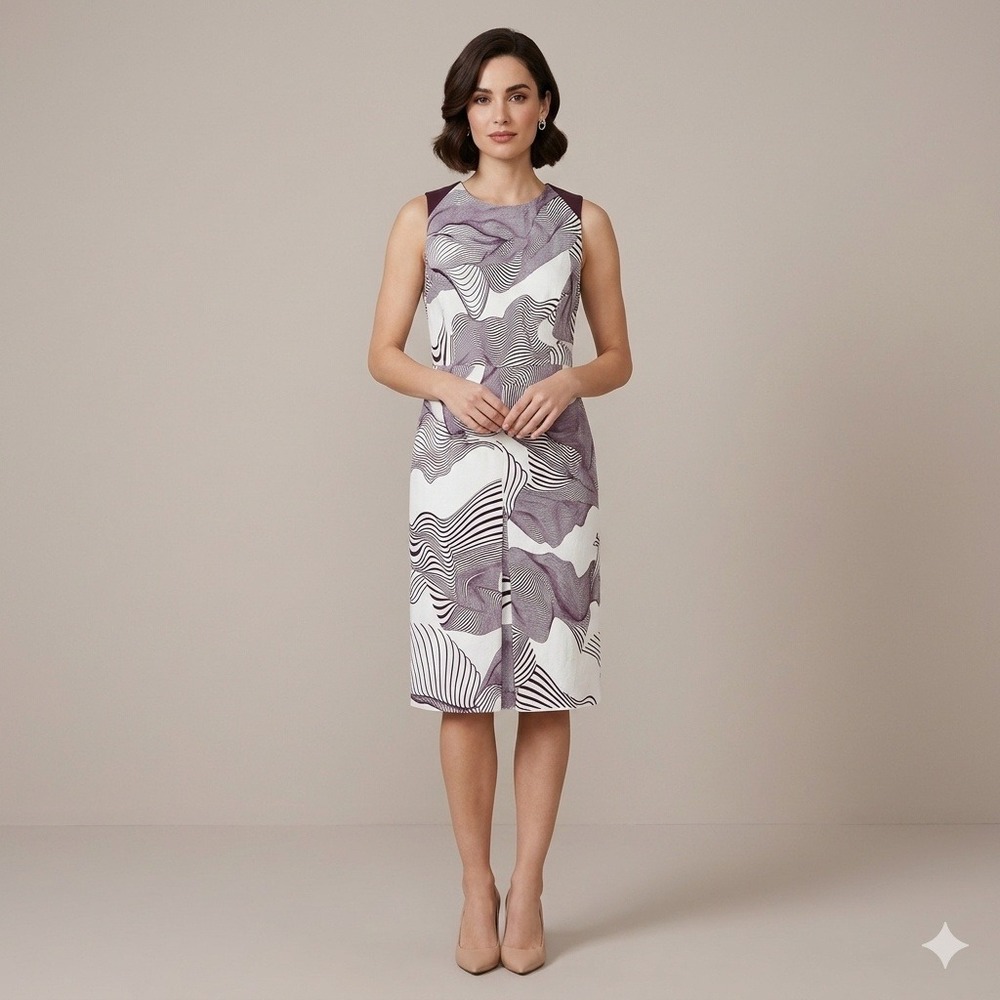 Carolina Herrera New York Plum Abstract Wave Sheath Dress Size 14 Made in Italy